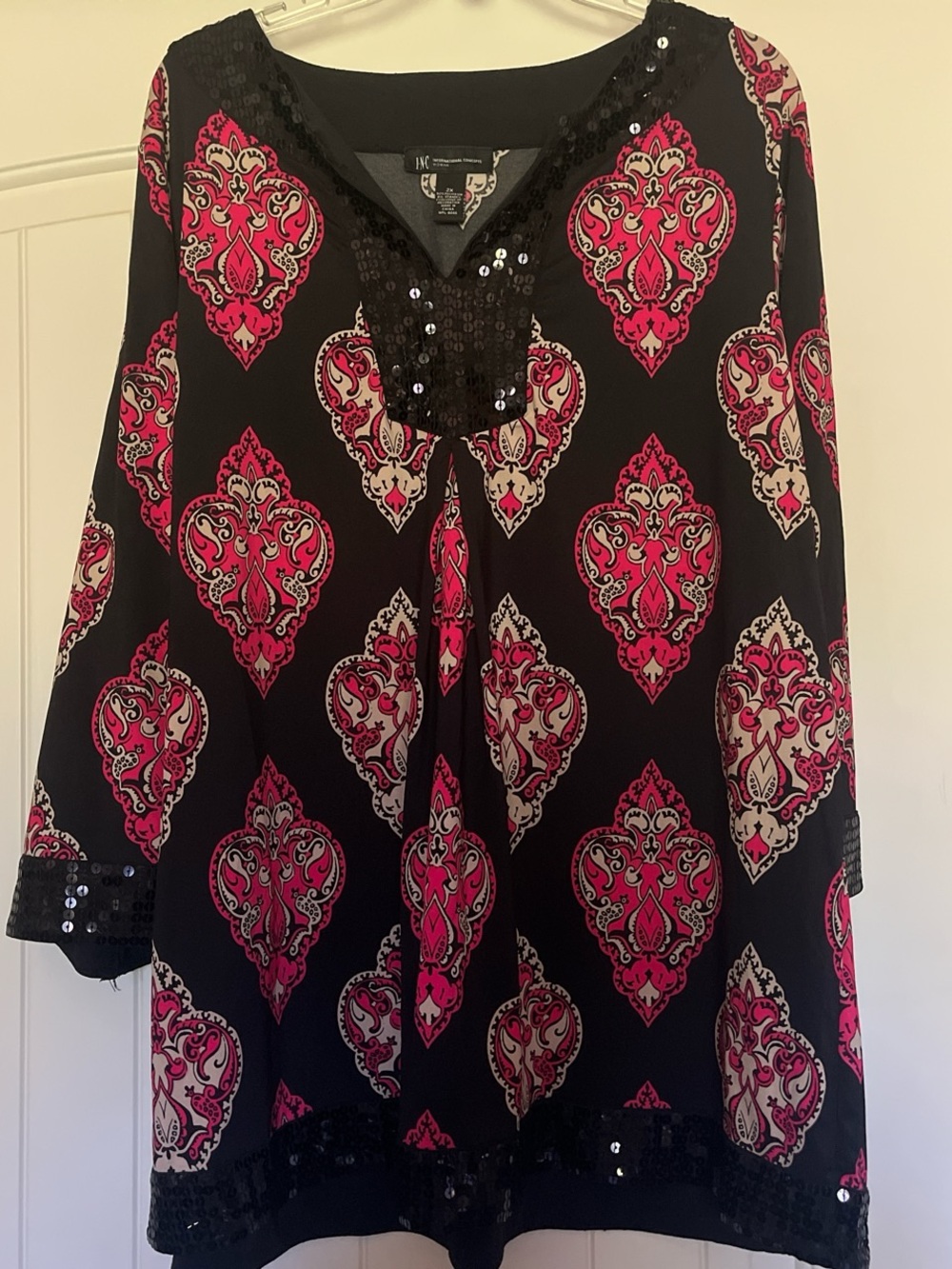 Black Tunic with Pink & Cream Damask Print and Sequin Trim